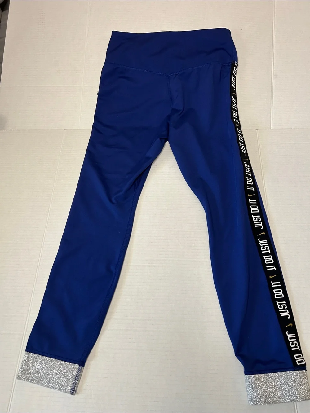 Nike One Icon Girls' Medium Royal Blue Athletic Leggings, Side 'Just Do It' Tape